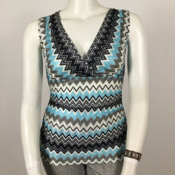 ANN TAYLOR V-Neck Sleeveless Chevron Pattern Transparent Weave Ruched Long Tank - Picture 3 of 7